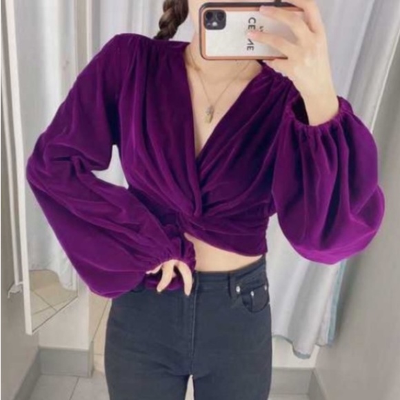 Zara Royal Purple Knotted Velvet Crop Top Size S - Picture 6 of 7
